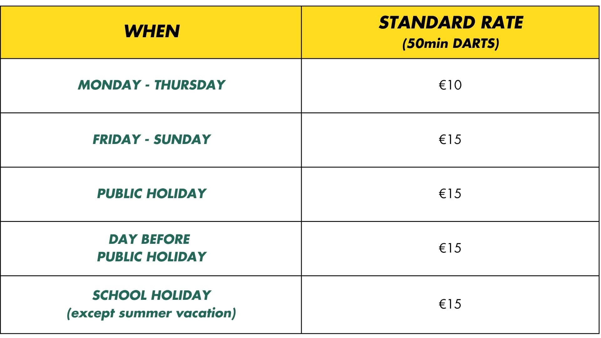 Overview of darts rates at O'Learys Ghent