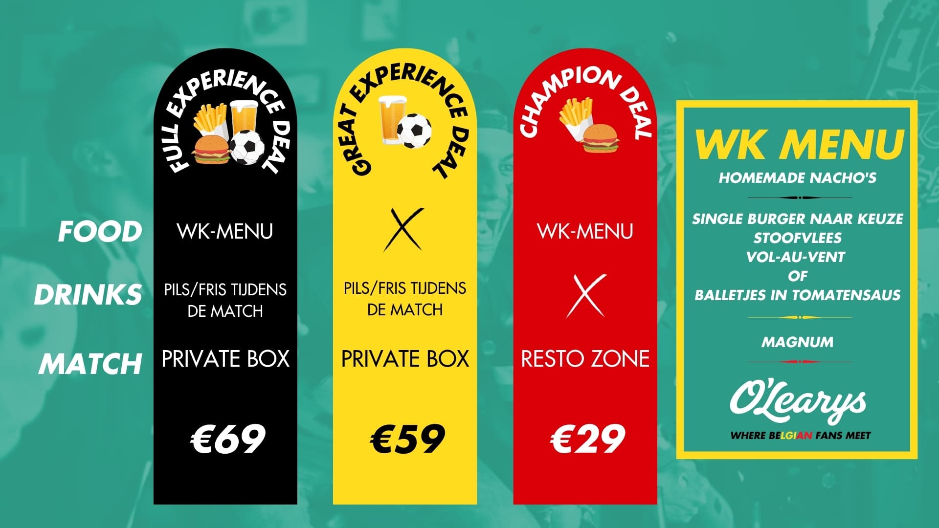 Overzicht van de wk-deals bij O'Learys 