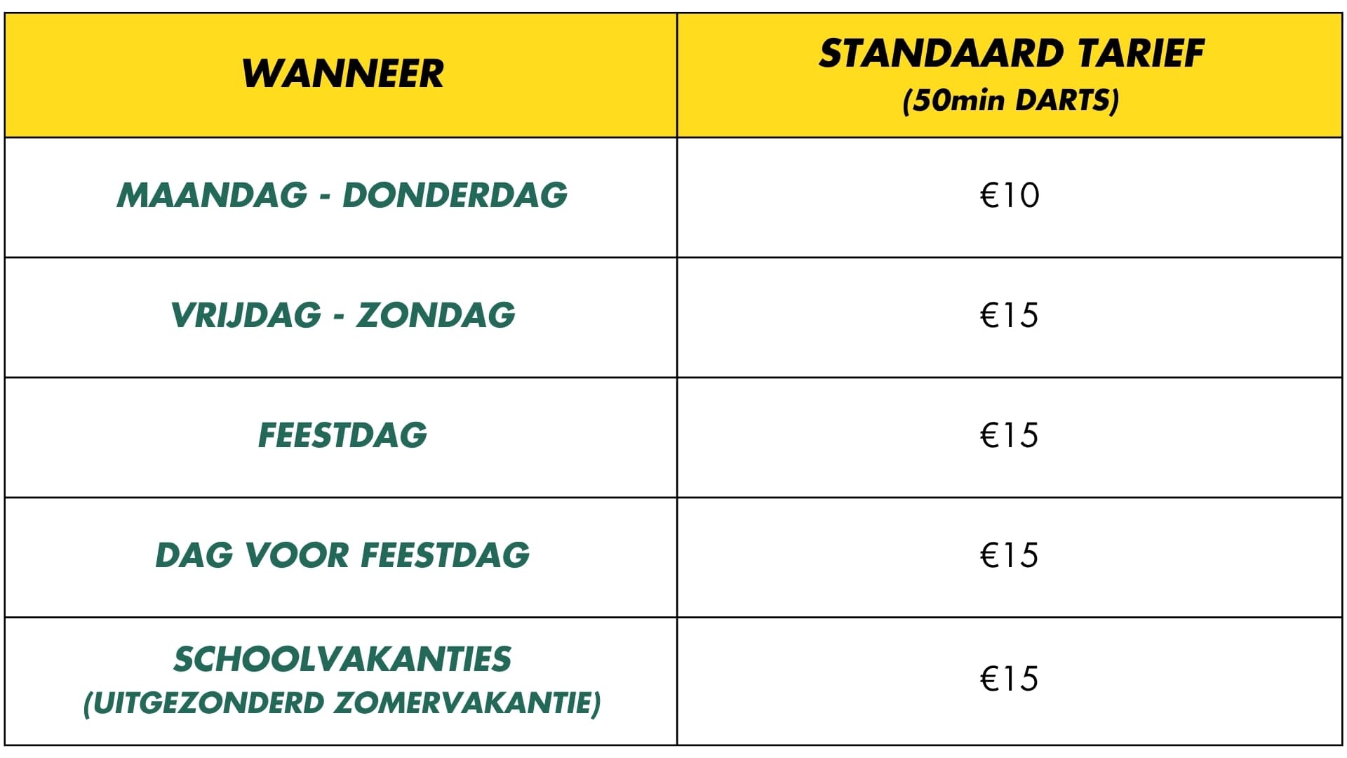 Overzicht van tarieven darts bij O'Learys Gent